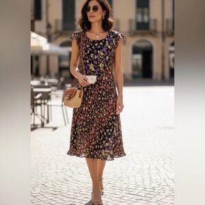 Talbots pure silk floral double ruffle hem dress